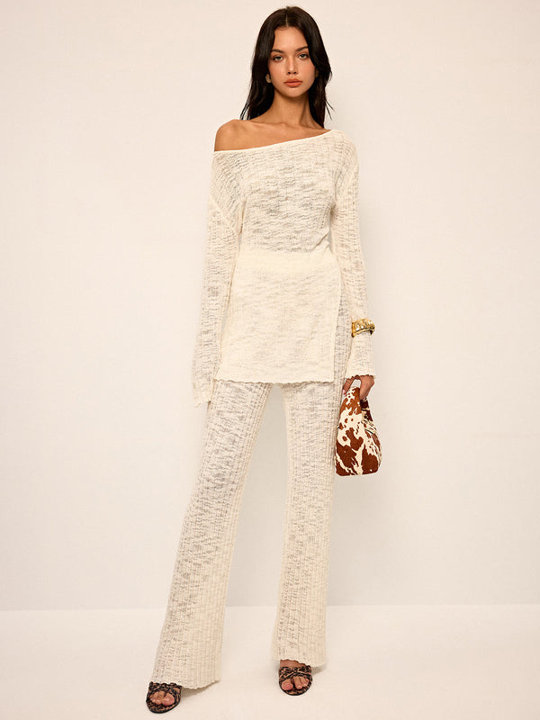 Omuz Açık Şeffaf Örgü Üst Ve Kloş Pantolon Takımı