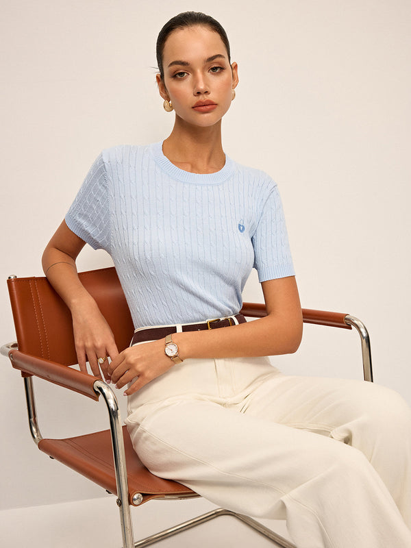 Kalp İşlemeli Yuvarlak Yaka Örgü Üst