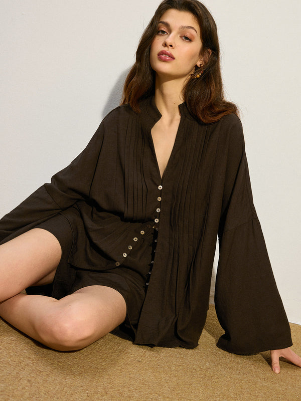 Pileli Ön Düğmeli Şort Takımı