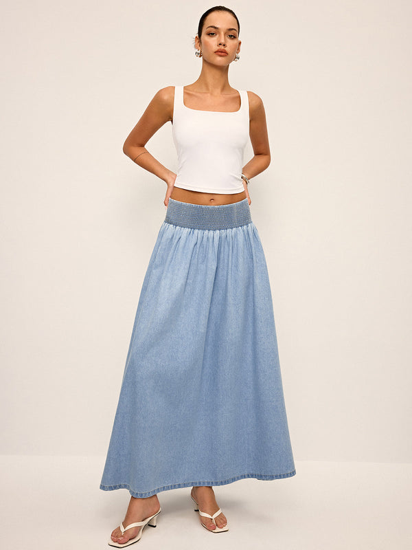 Fırfırlı Bel Bantlı Kot Uzun Etek