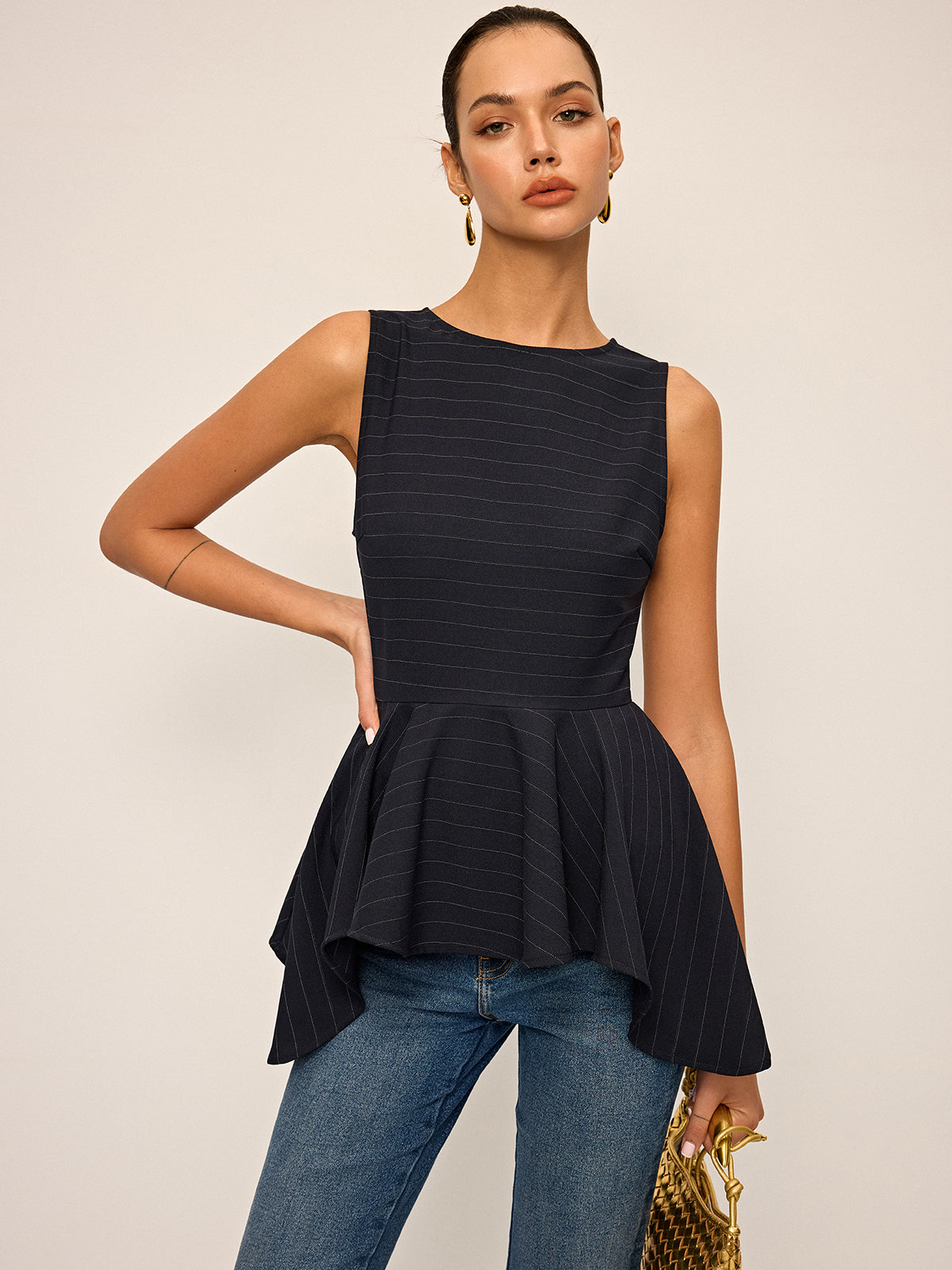 Çizgili Peplum Etek Kolsuz Üst