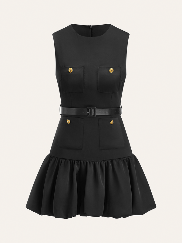 Kemersiz Volanlı Etek Metal Düğmeli Mini Elbise