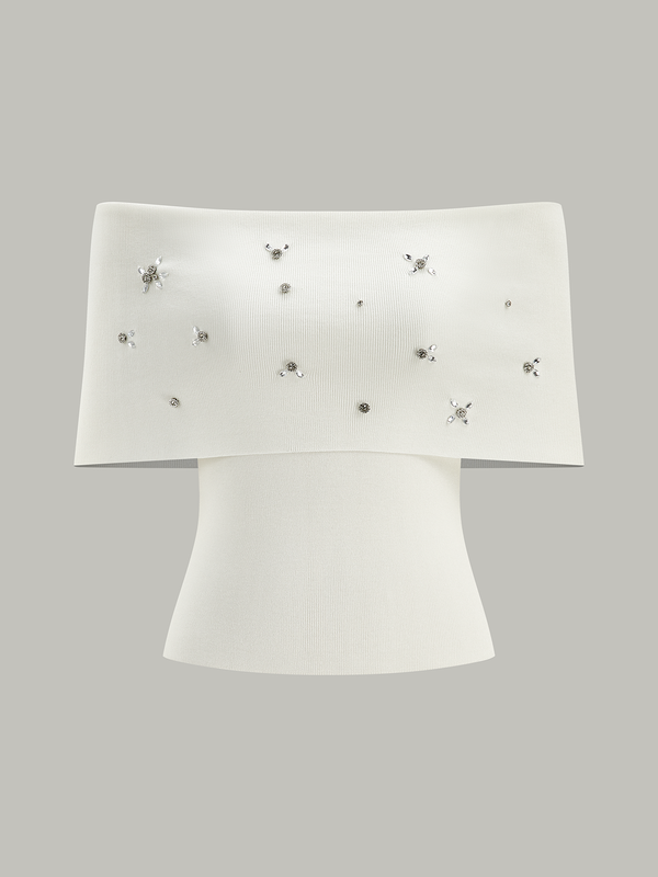 Kristalli Omuz Açık Örgü Üst