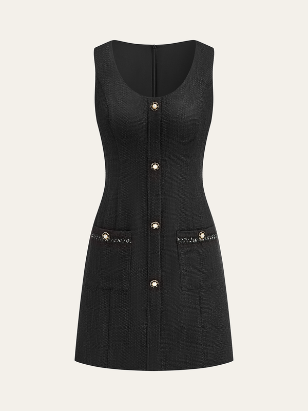 Tweed Kolsuz Düğmeli Mini Elbise