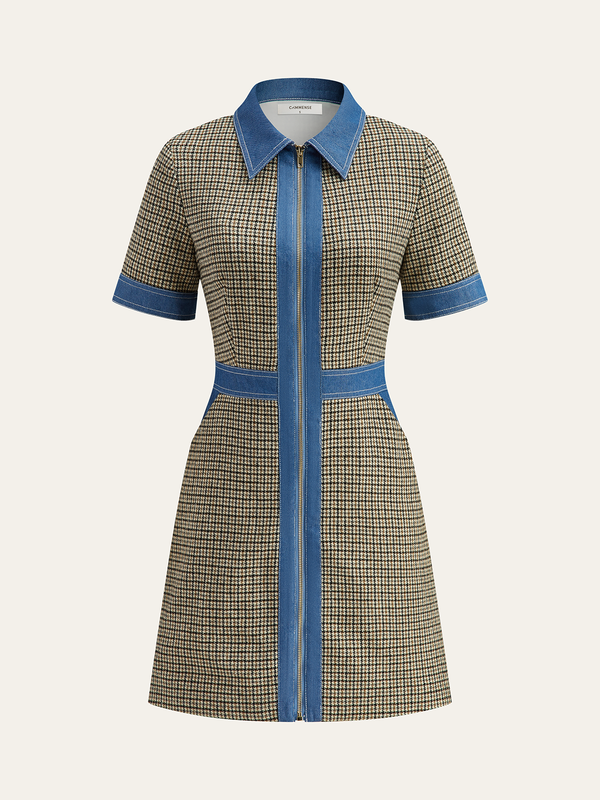 Ekose Kontrast Kesim Mini Elbise