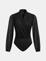 Ballanzia Kruvaze V Yaka Transparan Kollu Bodysuit