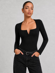 Ballanzia Çentik Detaylı Kare Yaka Uzun Kollu Bodysuit