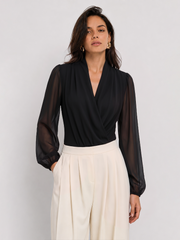 Ballanzia Kruvaze V Yaka Transparan Kollu Bodysuit
