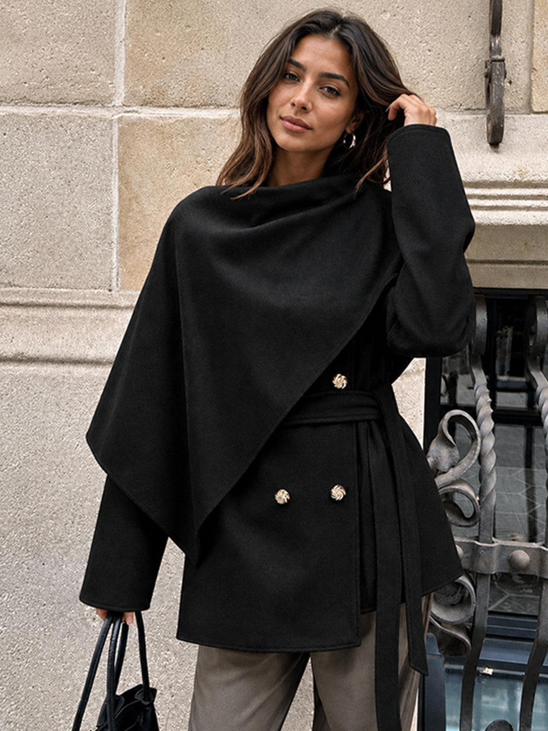 Ballanzia Çift Kullanımlı Kemerli Kruvaze Yün Dokulu Kaban