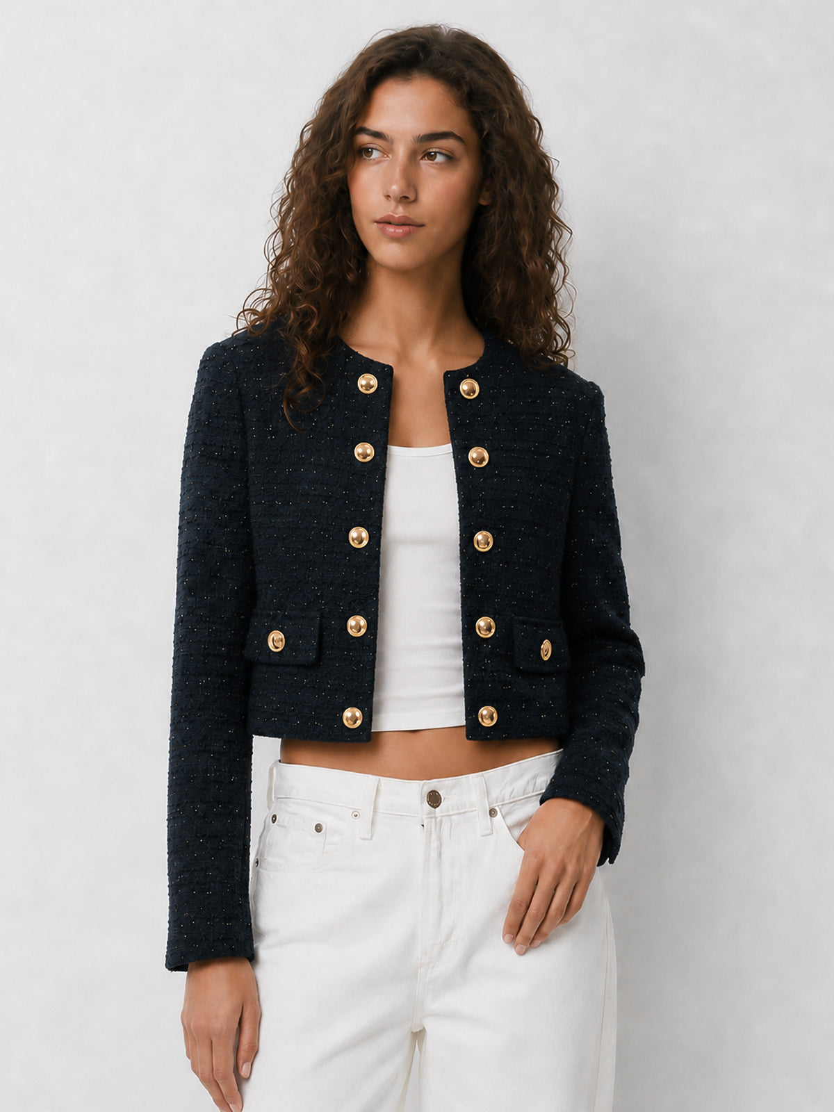 Ballanzia Işıltılı Tüvit Kruvaze Crop Ceket