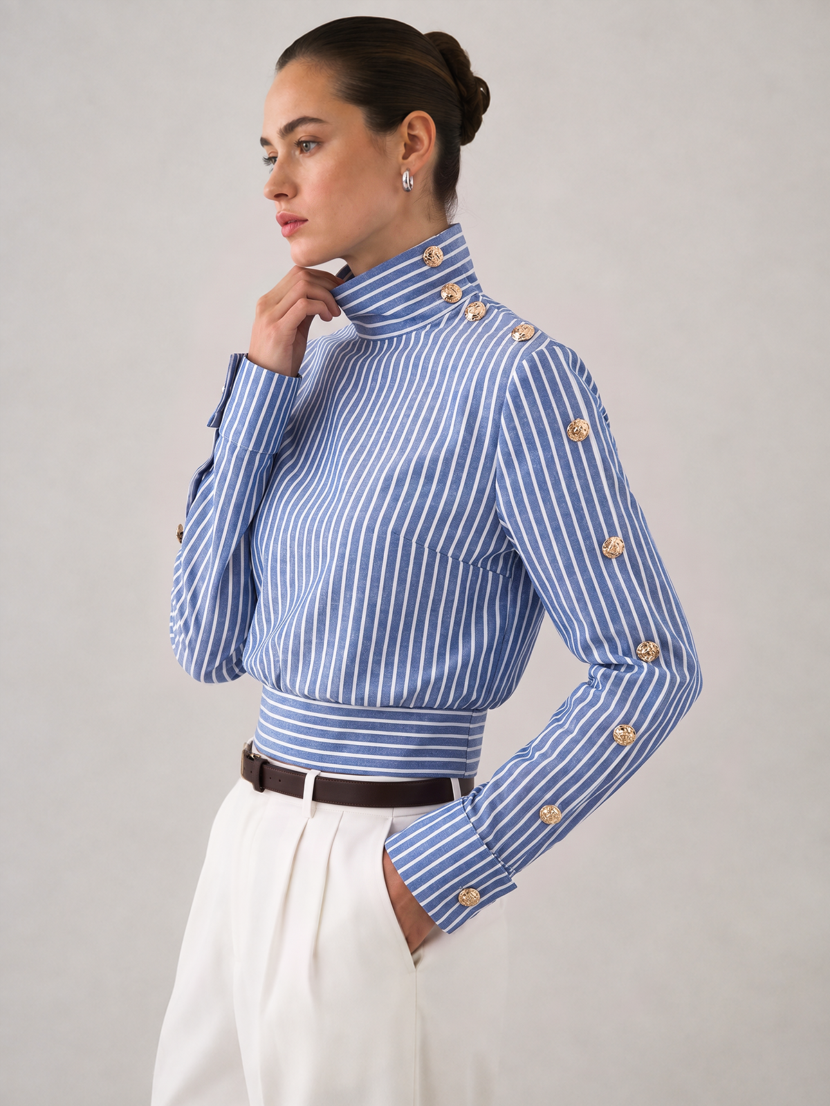 Ballanzia Çizgili Düğme Detaylı Crop Pamuk Keten Bluz