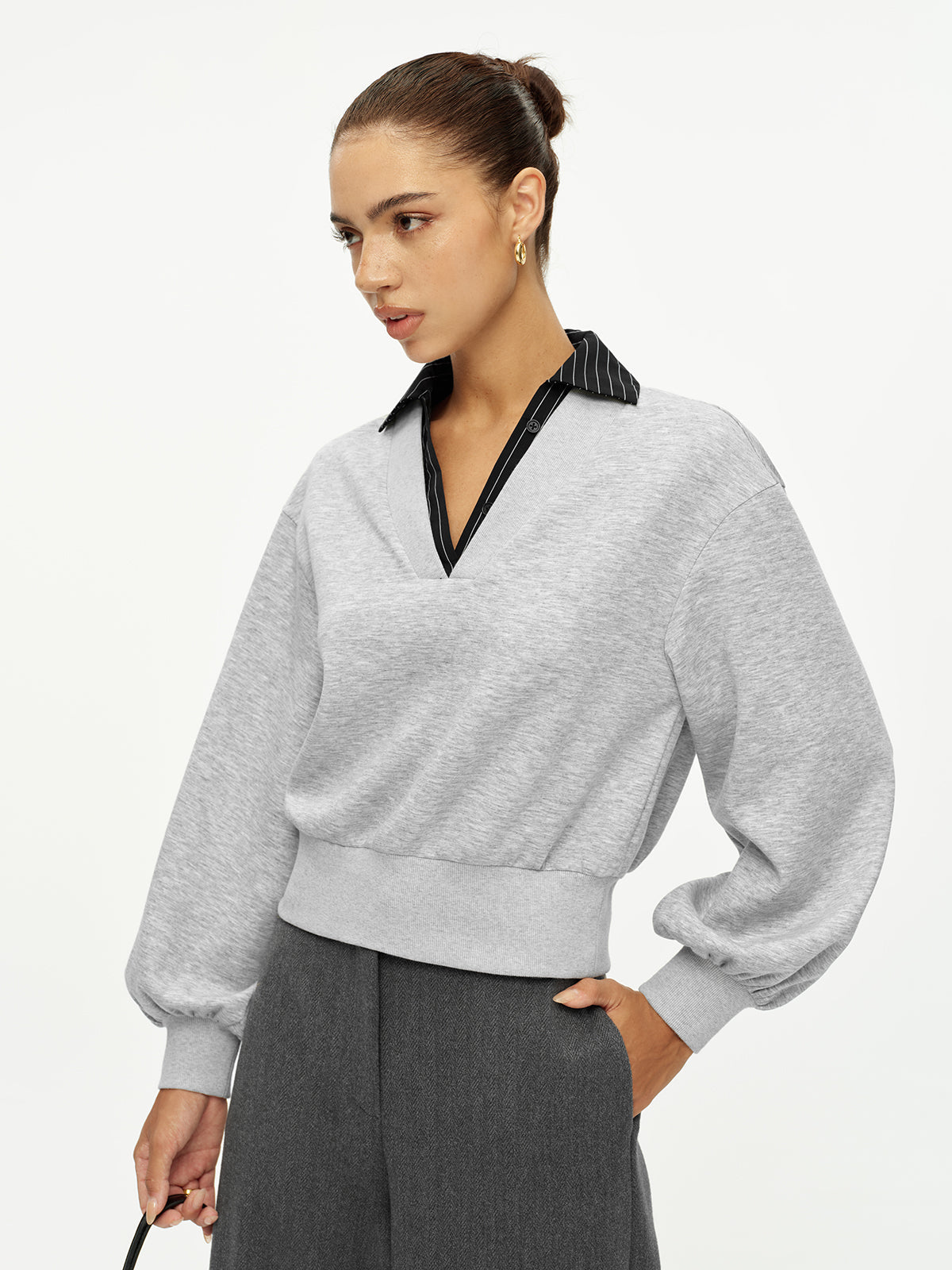Ballanzia Çizgili Yakalı V Yaka Sweatshirt