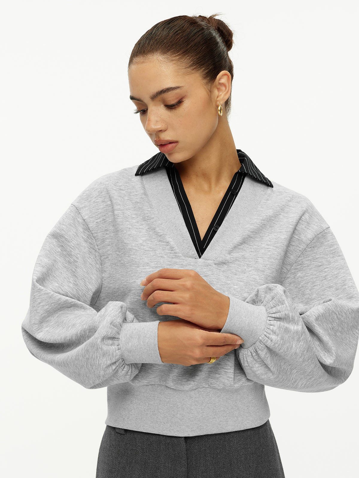 Ballanzia Çizgili Yakalı V Yaka Sweatshirt