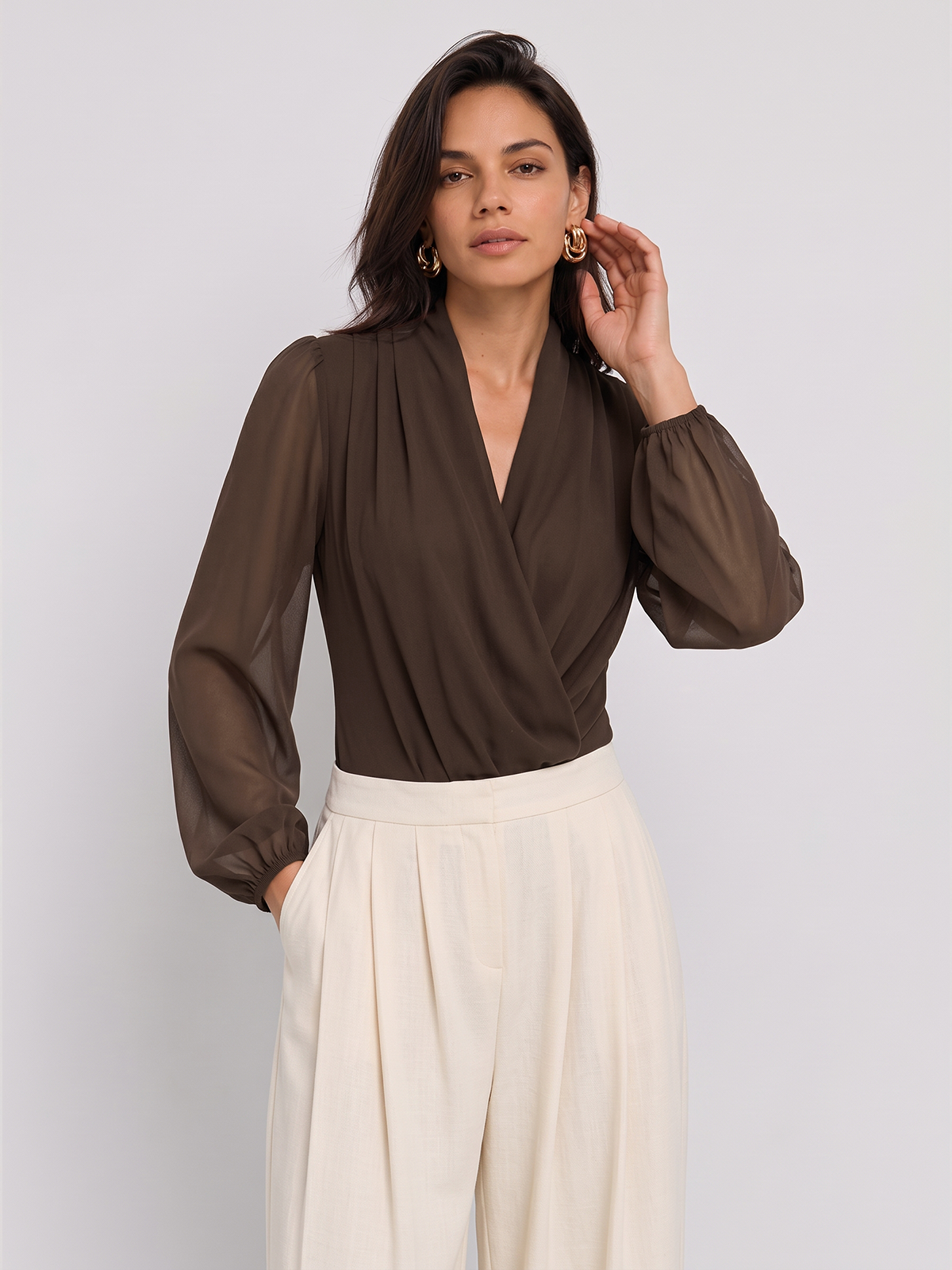Ballanzia Kruvaze V Yaka Transparan Kollu Bodysuit