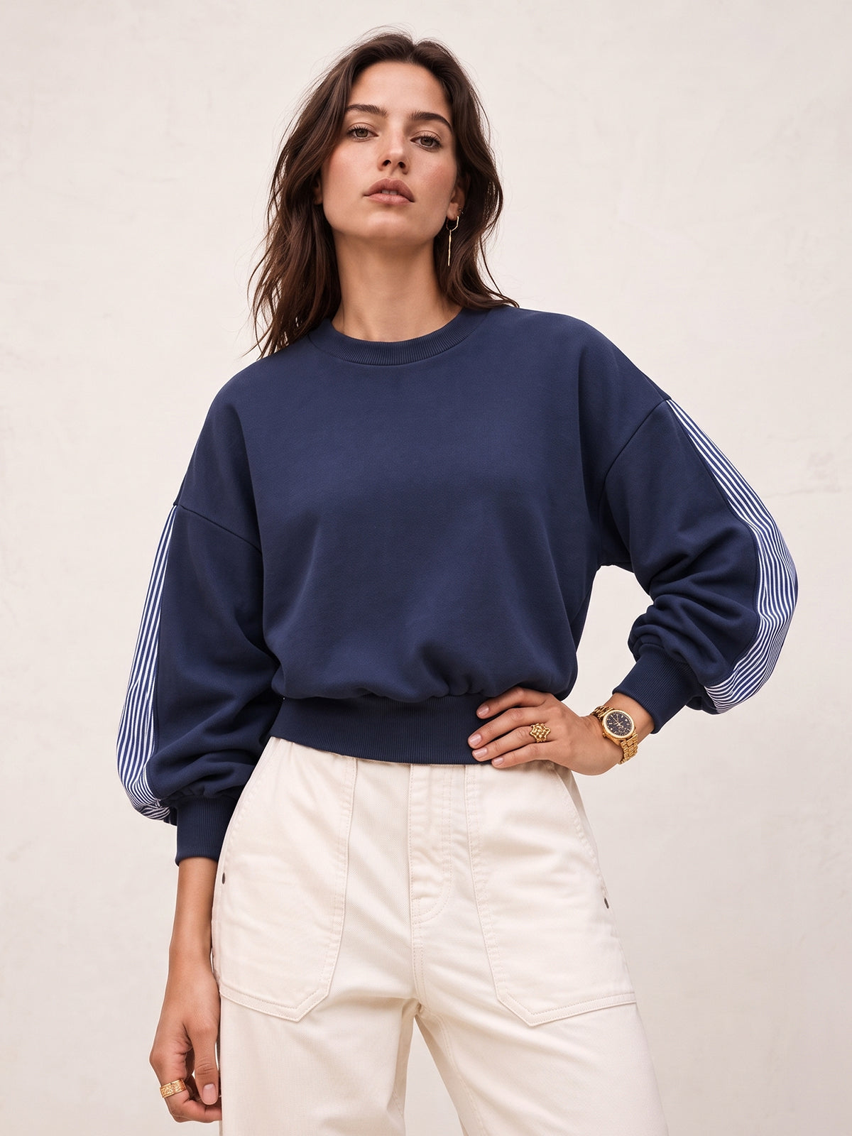 Ballanzia Çizgili Panel Kollu Düşük Omuz Sweatshirt