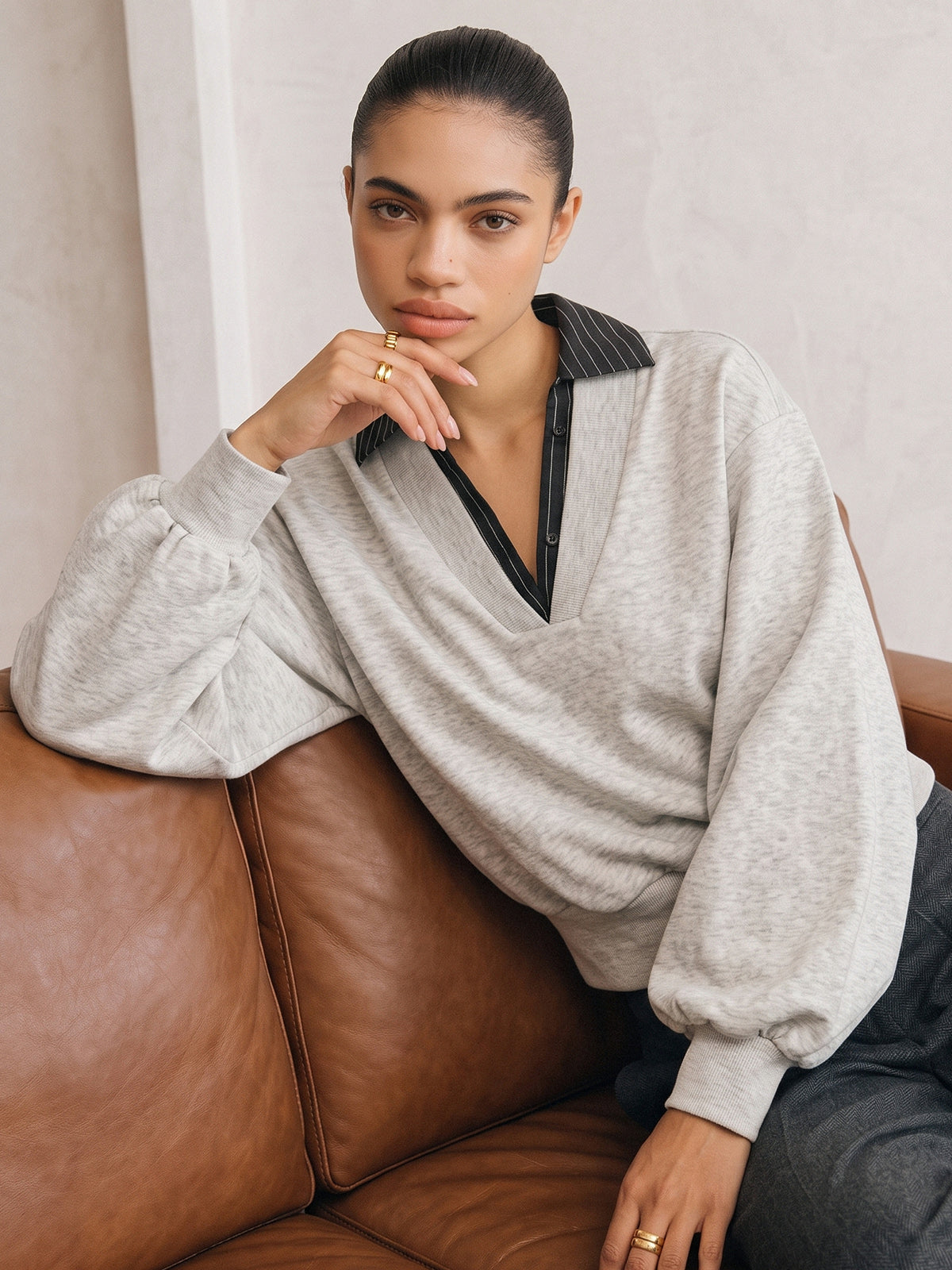 Ballanzia Çizgili Yakalı V Yaka Sweatshirt