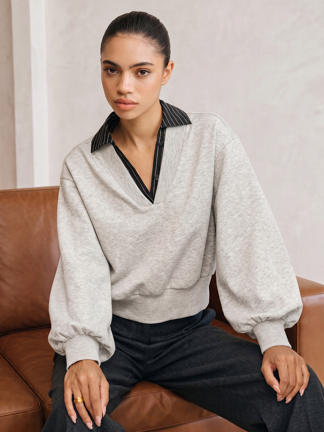 Ballanzia Çizgili Yakalı V Yaka Sweatshirt