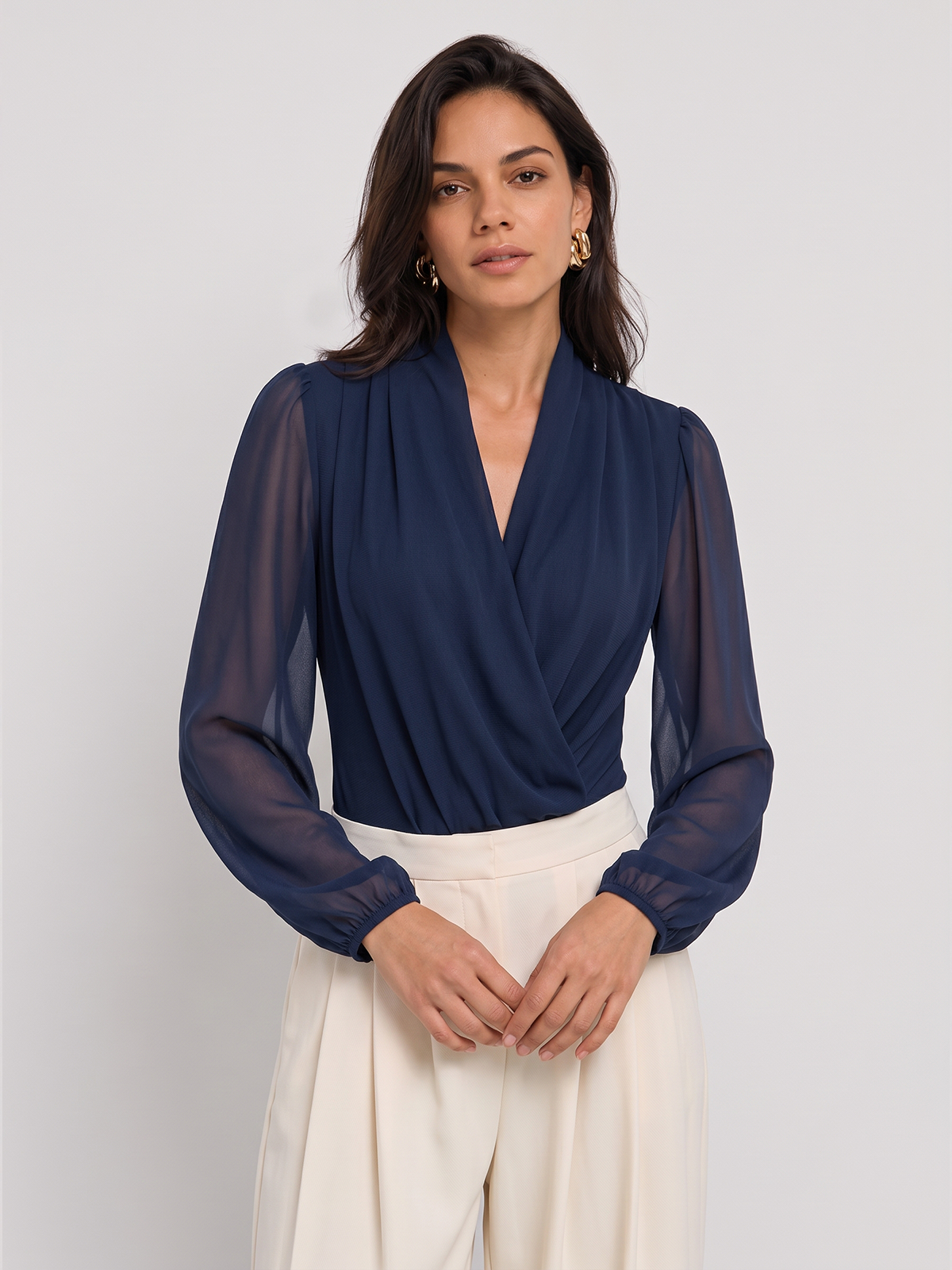 Ballanzia Kruvaze V Yaka Transparan Kollu Bodysuit