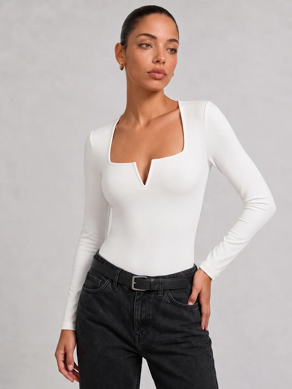 Ballanzia Çentik Detaylı Kare Yaka Uzun Kollu Bodysuit