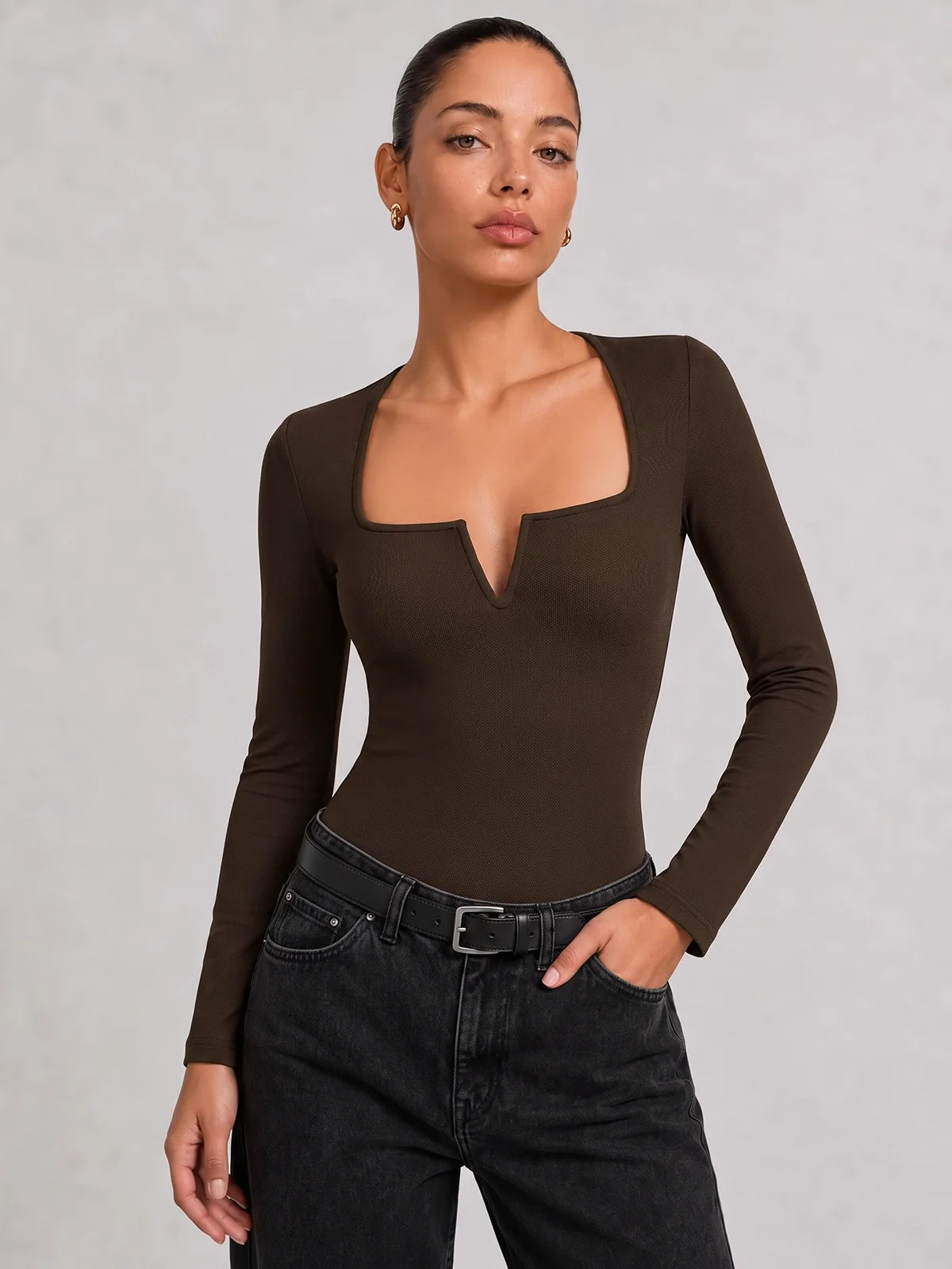 Ballanzia Çentik Detaylı Kare Yaka Uzun Kollu Bodysuit