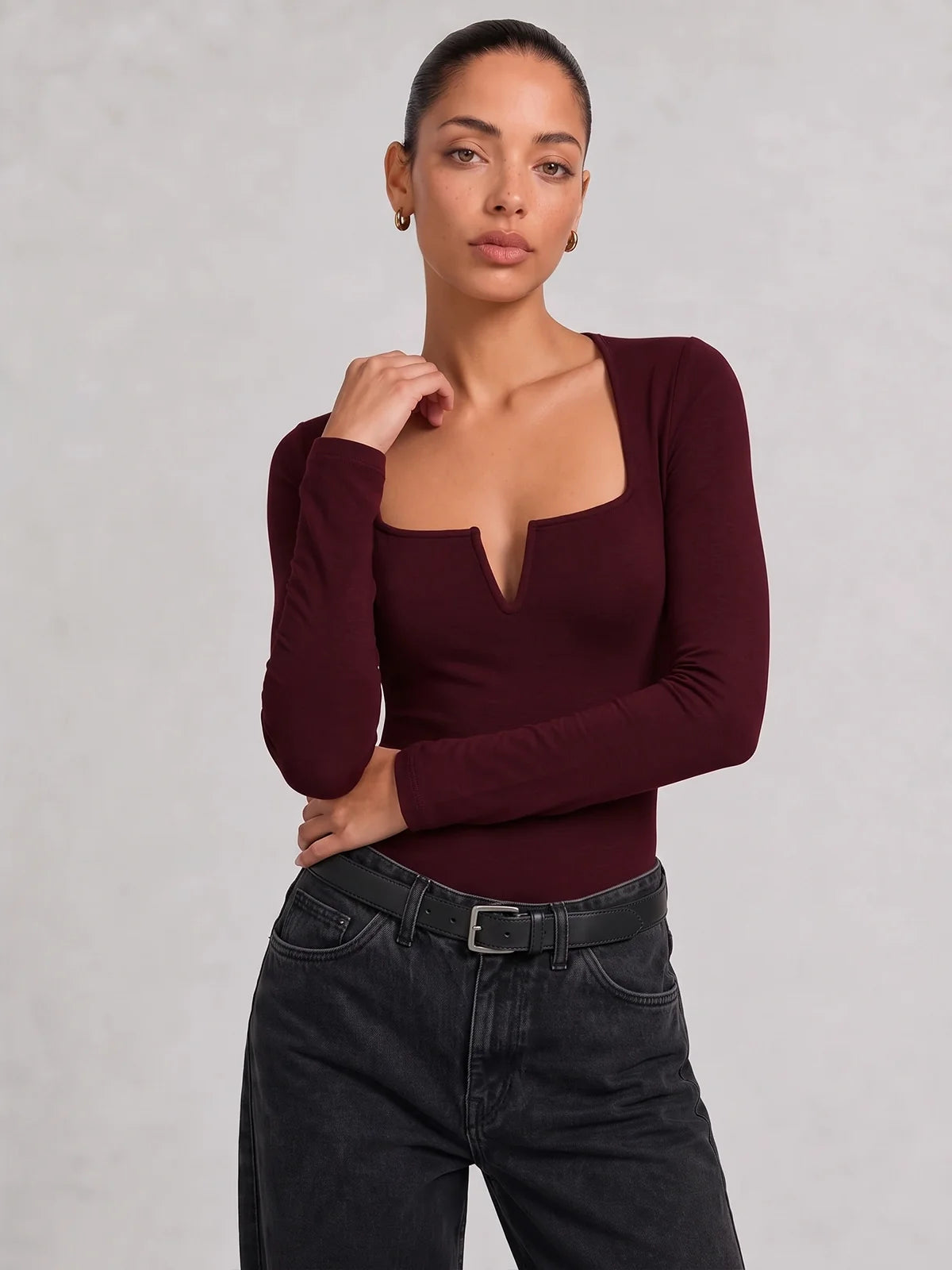 Ballanzia Çentik Detaylı Kare Yaka Uzun Kollu Bodysuit