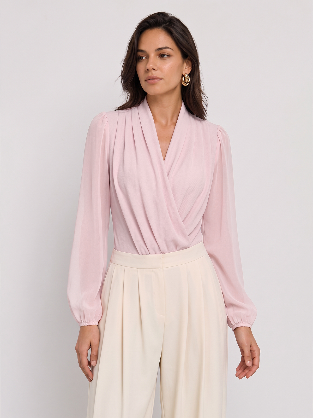 Ballanzia Kruvaze V Yaka Transparan Kollu Bodysuit