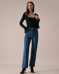 Siyah Kare Yaka Yırtmaçlı Flare Sleeve Tişört