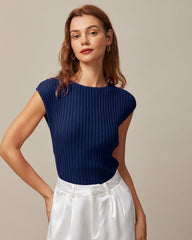 Mavi Kayık Yaka Fitilli Kep Kollu Triko Tişört