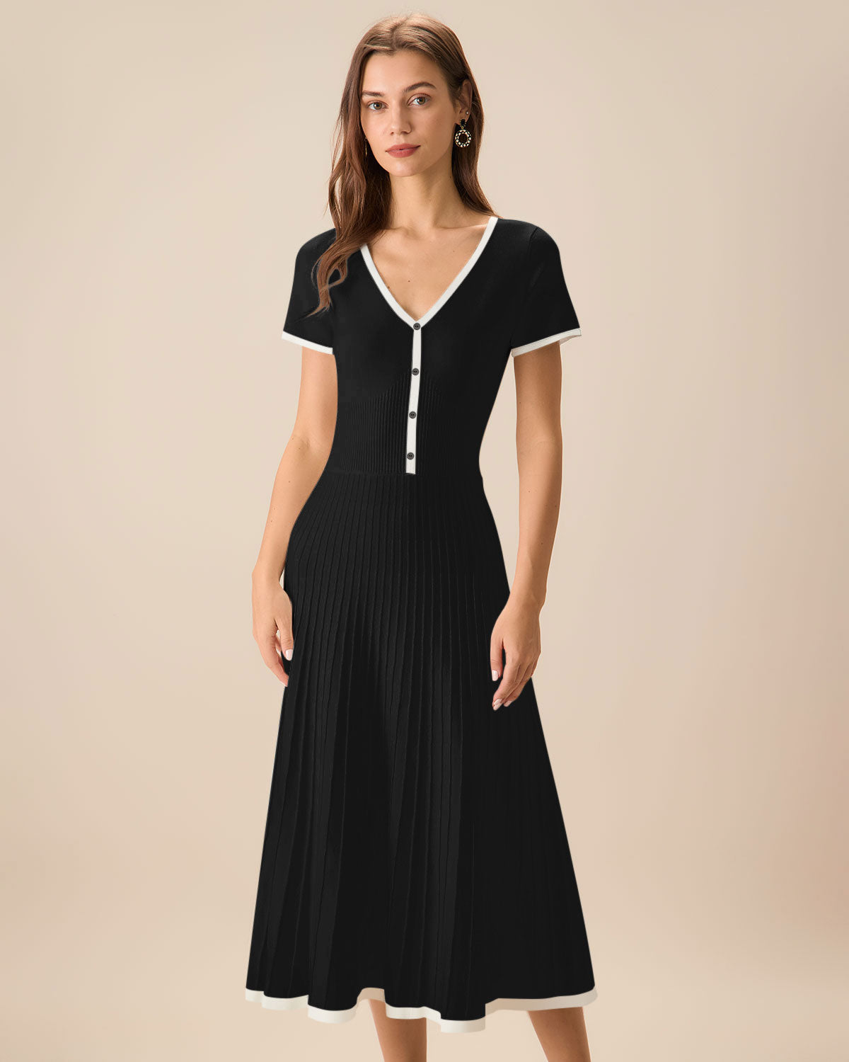 Siyah Contrasting Kazak Midi Elbise