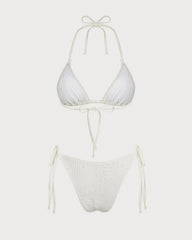 Off Beyaz Boyundan Bağlamalı Büzgü Bağlamalı Jakarlı Bikini Takımı
