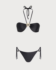 Siyah Boyundan Bağlamalı O Halka Detaylı Üçgen Bikini Takımı
