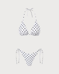 Beyaz Boyundan Bağlamalı Puantiyeli Üçgen Bikini Takımı
