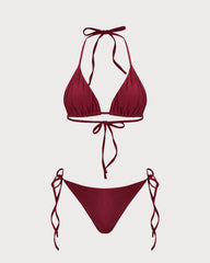 Kırmızı Üçgen Büzgü Bağlamalı Bikini Takımı