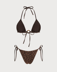 Kahverengi Boyundan Bağlamalı Dokulu Üçgen Bikini Takımı