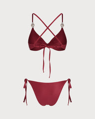 Kırmızı V Yaka Üçgen Büzgü Bağlamalı Bikini Takımı