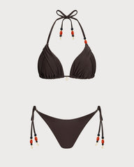 Kahverengi Boyundan Bağlamalı Normal Bel Bikini Takımı