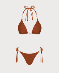 Kahverengi Boyundan Bağlamalı Büzgü Bağlamalı Üçgen Bikini Takımı