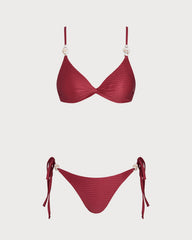Kırmızı V Yaka Üçgen Büzgü Bağlamalı Bikini Takımı