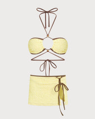 Sarı Boyundan Bağlamalı Büzgü Bağlamalı Bandeau Bikini Takımı