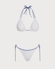 Beyaz Boyundan Bağlamalı Contrasting Üçgen Bikini Takımı