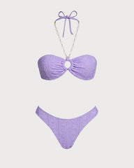 Mor Boyundan Bağlamalı O Halka Detaylı Bandeau Bikini Takımı
