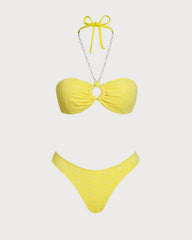 Sarı Boyundan Bağlamalı Jakarlı Bandeau Bikini Takımı