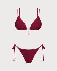 Şarap Kırmızısı Dokulu Üçgen Bikini Takımı