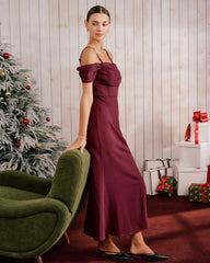Şarap Kırmızısı Off Shoulder Maxi Elbise