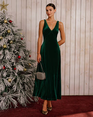 Yeşil Kadife V-Neck Kolsuz Maxi Elbise