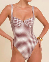 Kahve Ekose Balenli Tek Parça Mayo