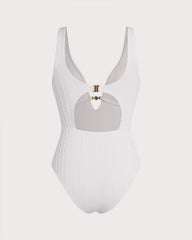 Beyaz Dokulu Dekolteli One-Piece
