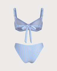 Mavi Kare Yaka Çizgili Bikini Takımı