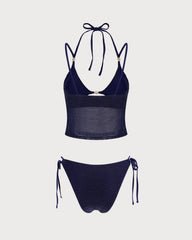 Mavi Bağlamalı Askılı Üçgen Bikini Takımı