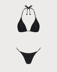 Siyah Boyundan Bağlamalı Dokulu Üçgen Bikini Takımı